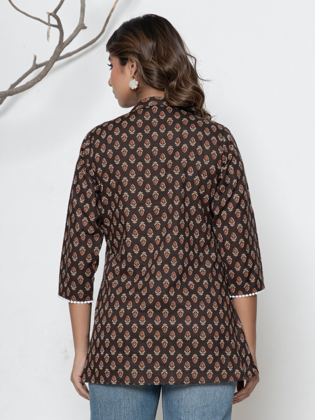 Pure Cotton Floral  Printed Pleted Top - Brown