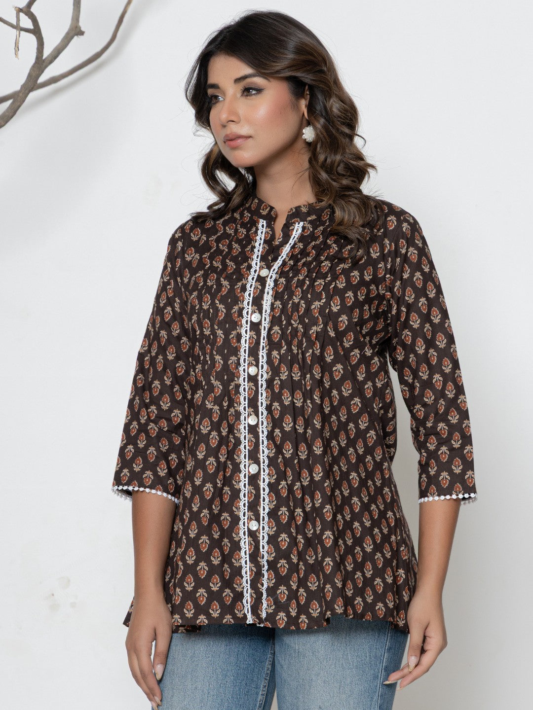 Pure Cotton Floral  Printed Pleted Top - Brown