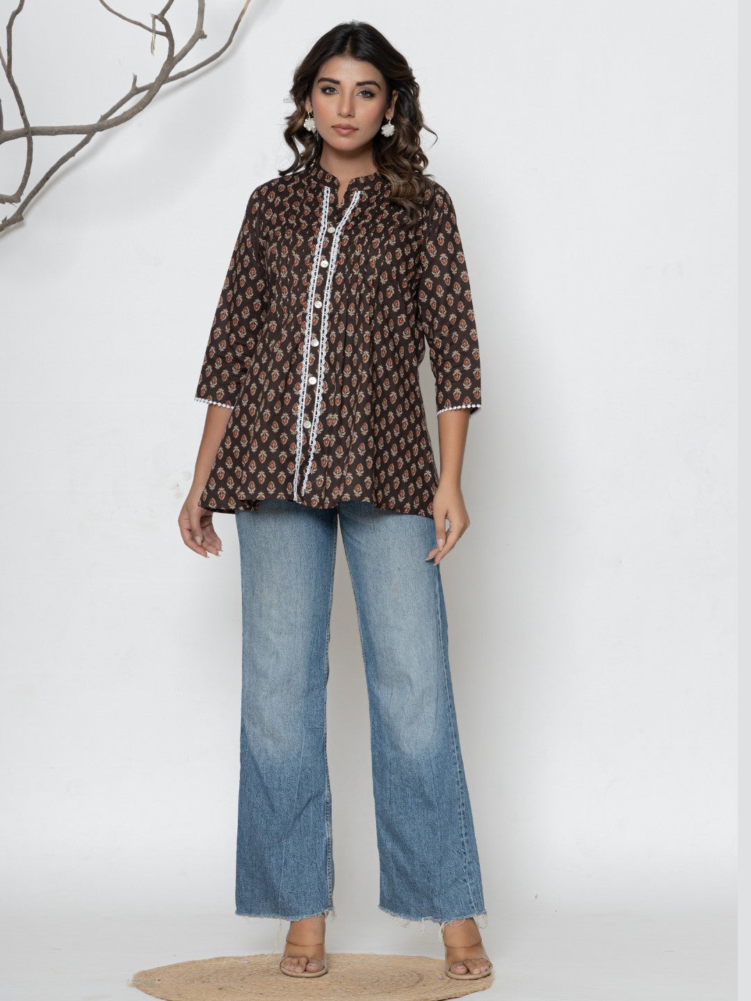 Pure Cotton Floral  Printed Pleted Top - Brown