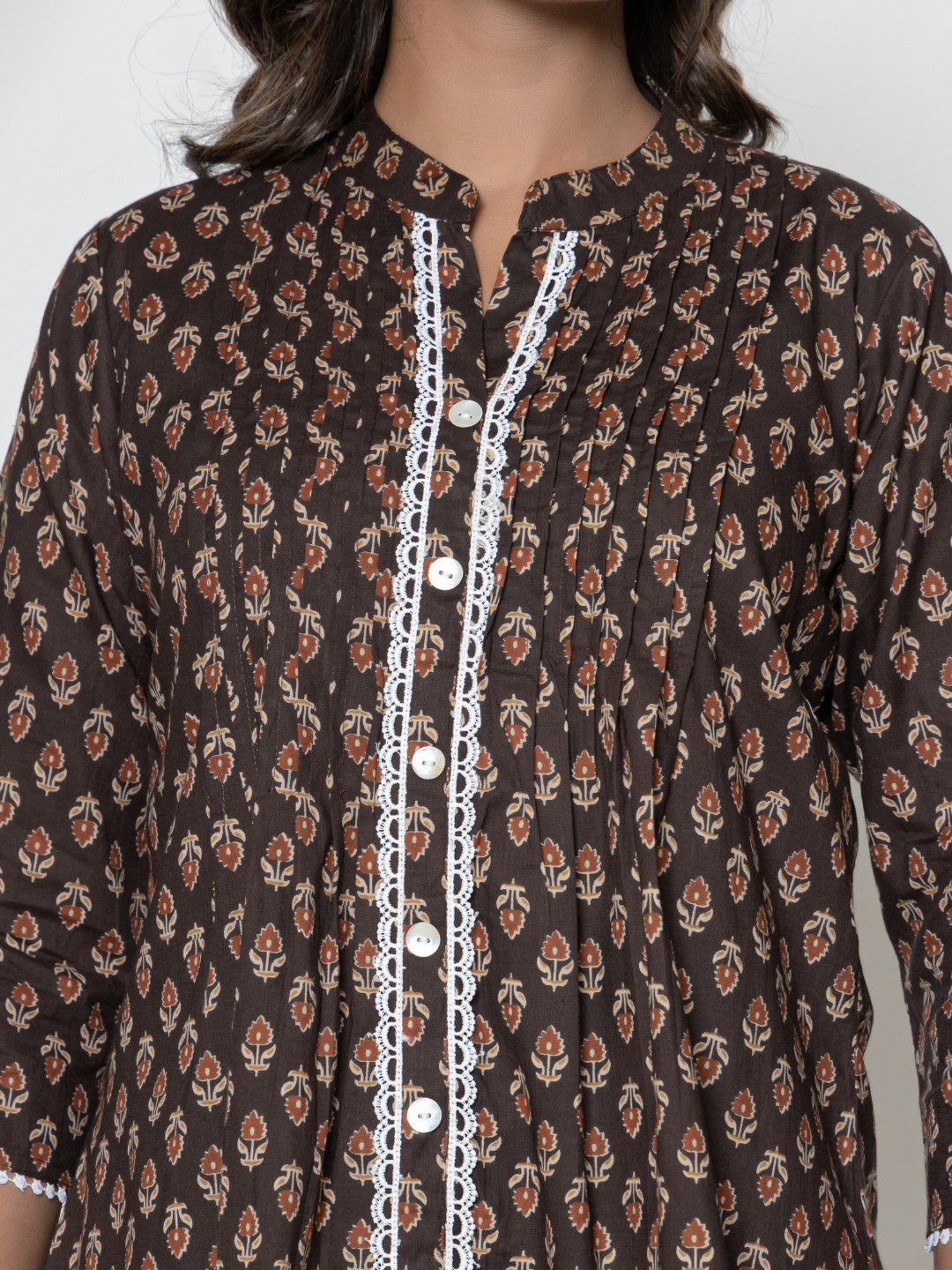Pure Cotton Floral  Printed Pleted Top - Brown