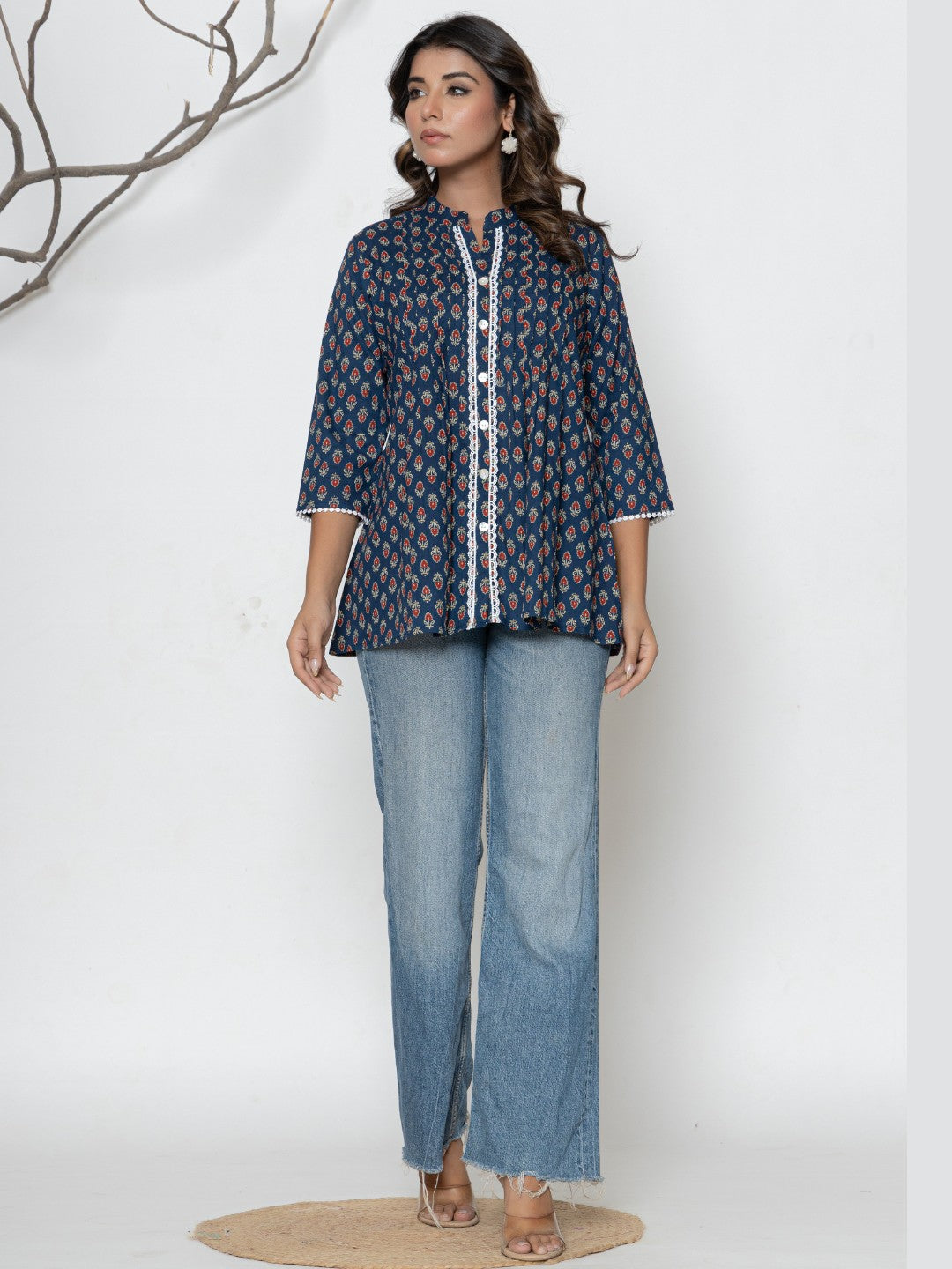 Pure Cotton Floral  Printed Pleted Top - Dark Blue