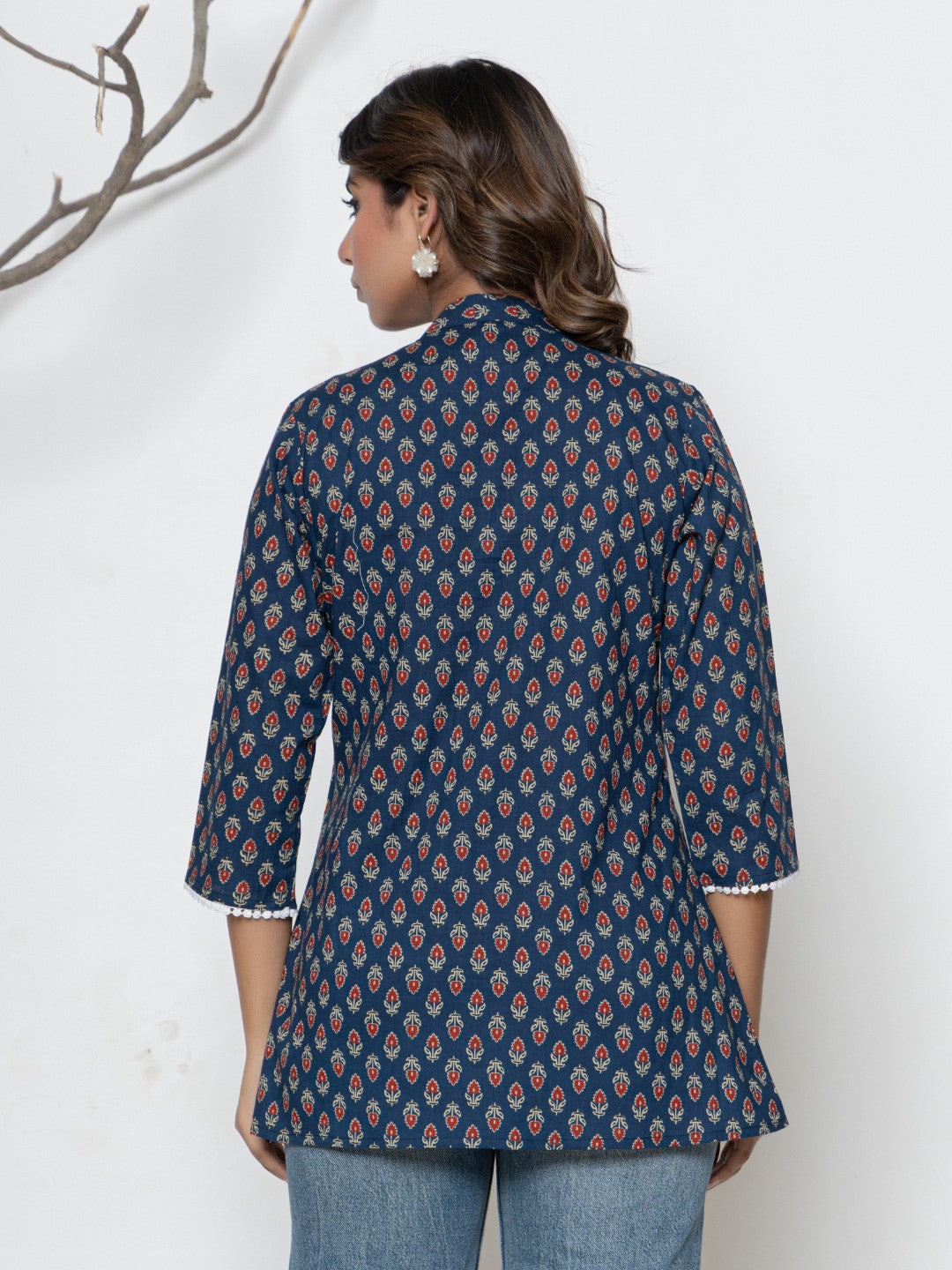 Pure Cotton Floral  Printed Pleted Top - Dark Blue