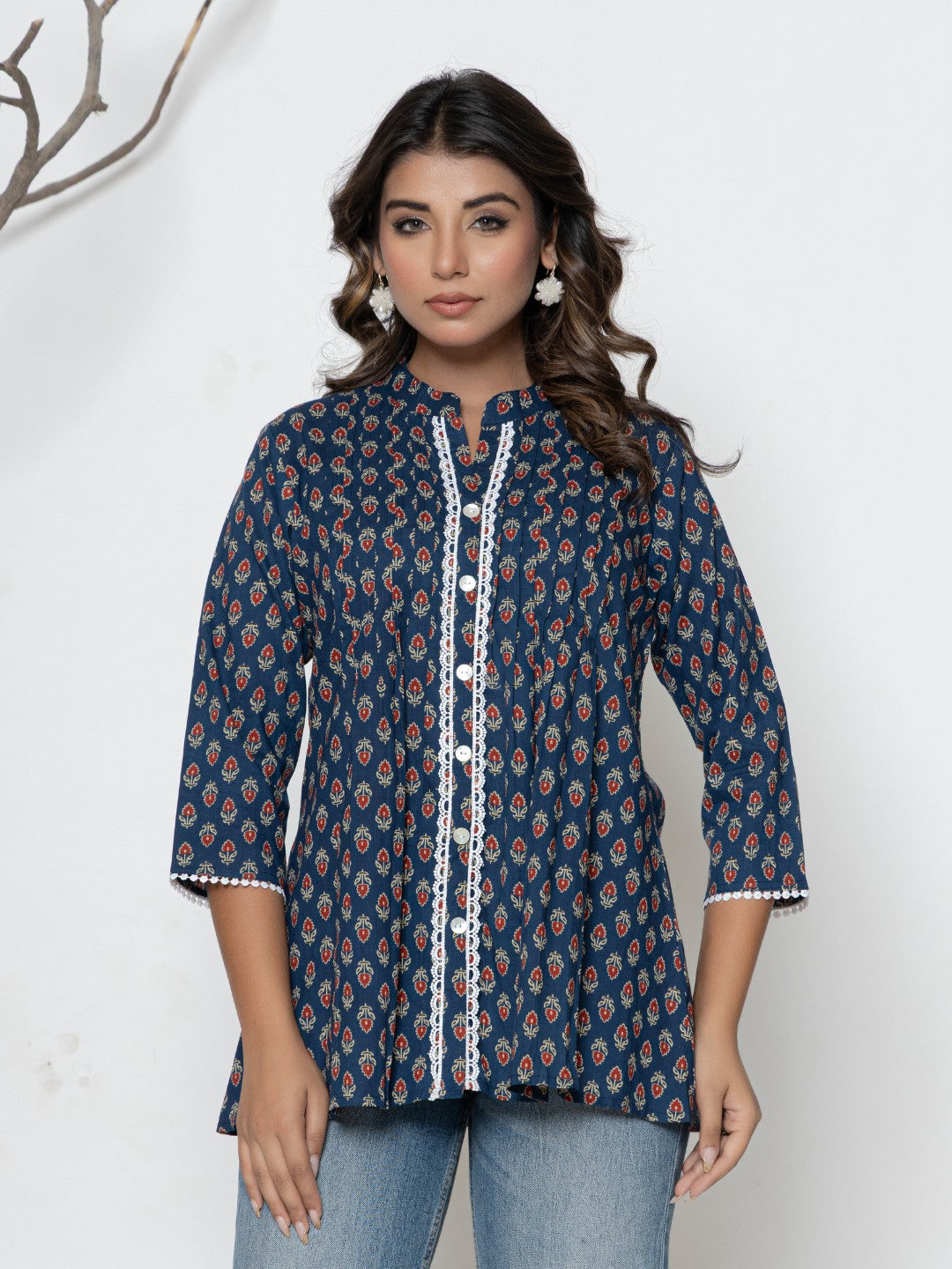 Pure Cotton Floral  Printed Pleted Top - Dark Blue