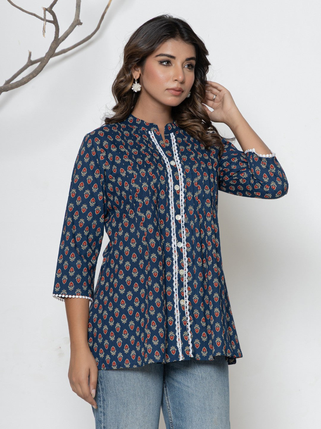 Pure Cotton Floral  Printed Pleted Top - Dark Blue