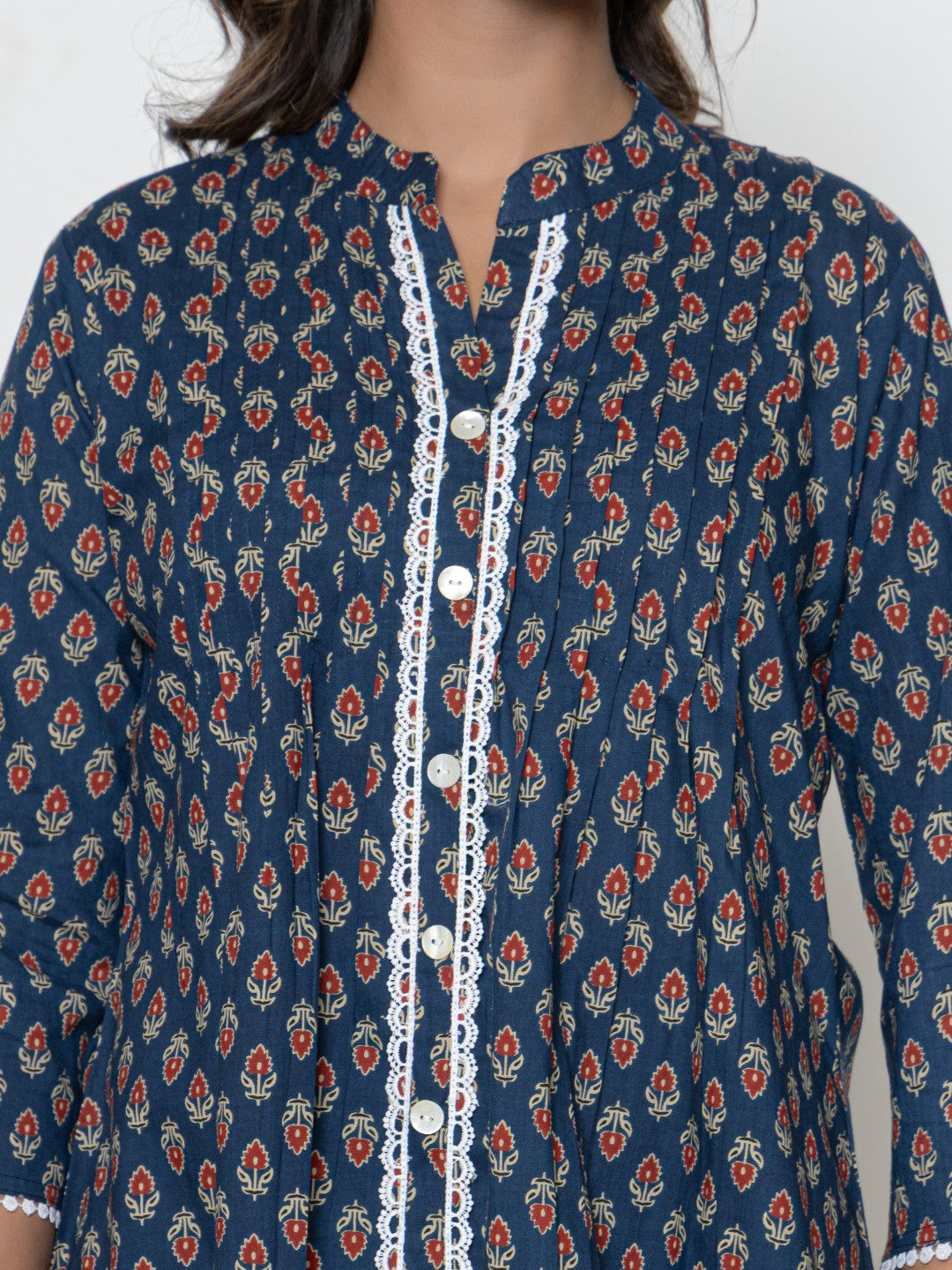 Pure Cotton Floral  Printed Pleted Top - Dark Blue