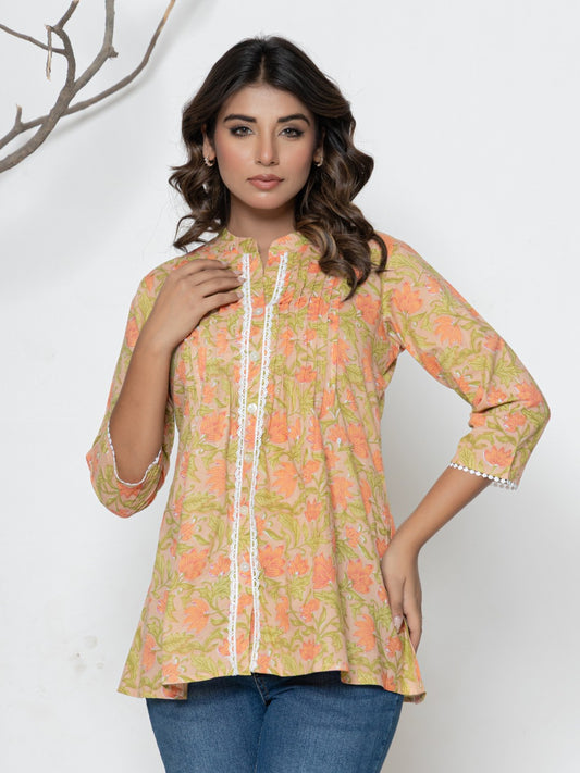 Pure Cotton Floral  Printed Pleted Top - Peach