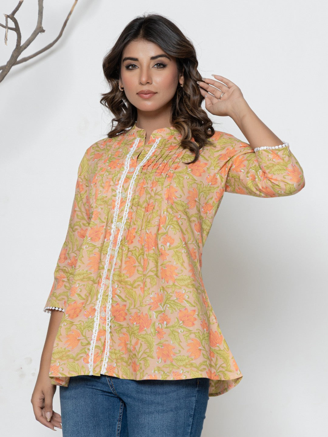 Pure Cotton Floral Printed Pleted Top - Peach