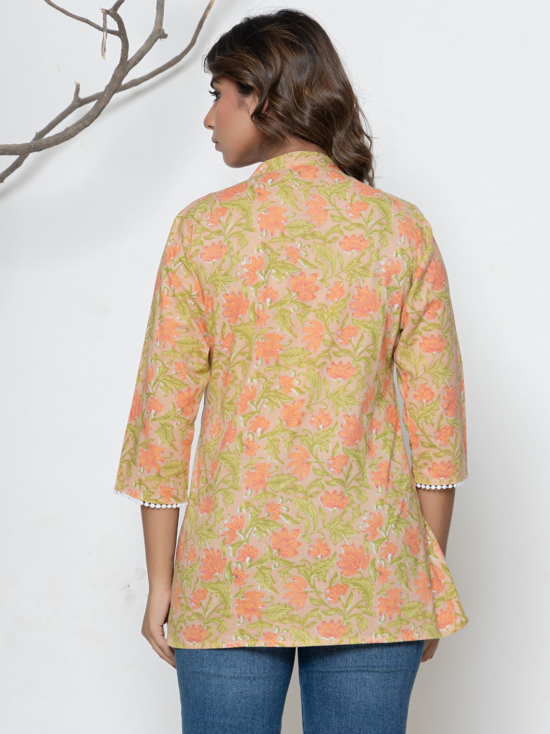 Pure Cotton Floral Printed Pleted Top - Peach