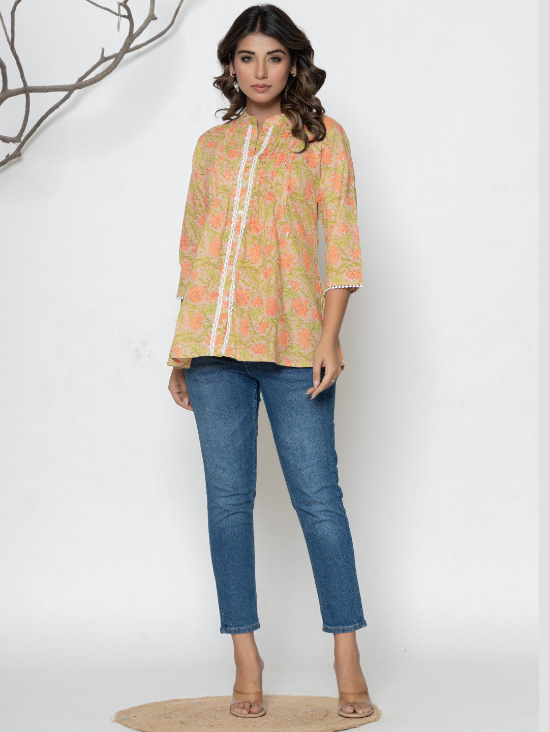 Pure Cotton Floral Printed Pleted Top - Peach