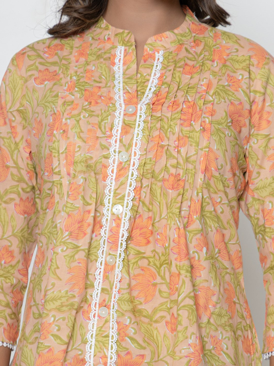 Pure Cotton Floral Printed Pleted Top - Peach