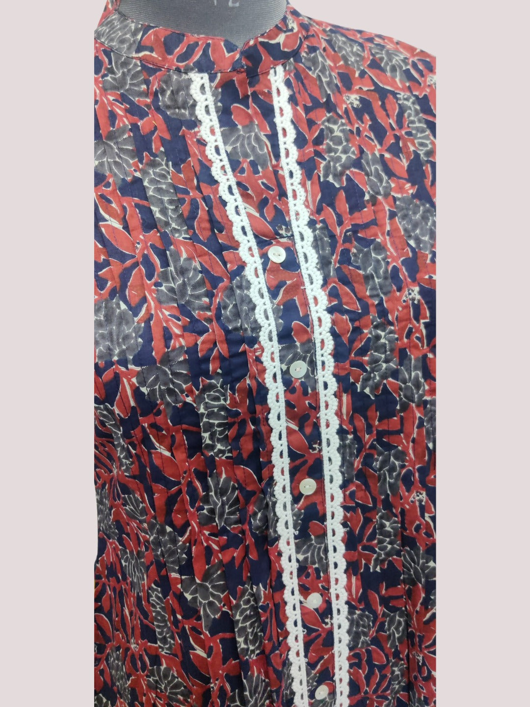 Cotton Printed Pleted Top with Lace detail - Navy