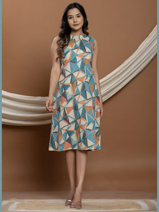 Geometric Print Halter Neck A-line Dress - Coffee