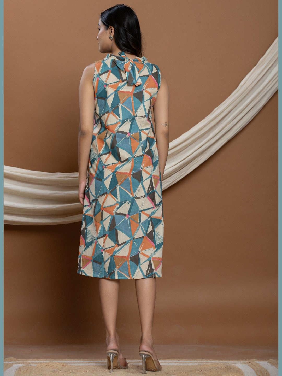 Geometric Print Halter Neck A-line Dress - Coffee