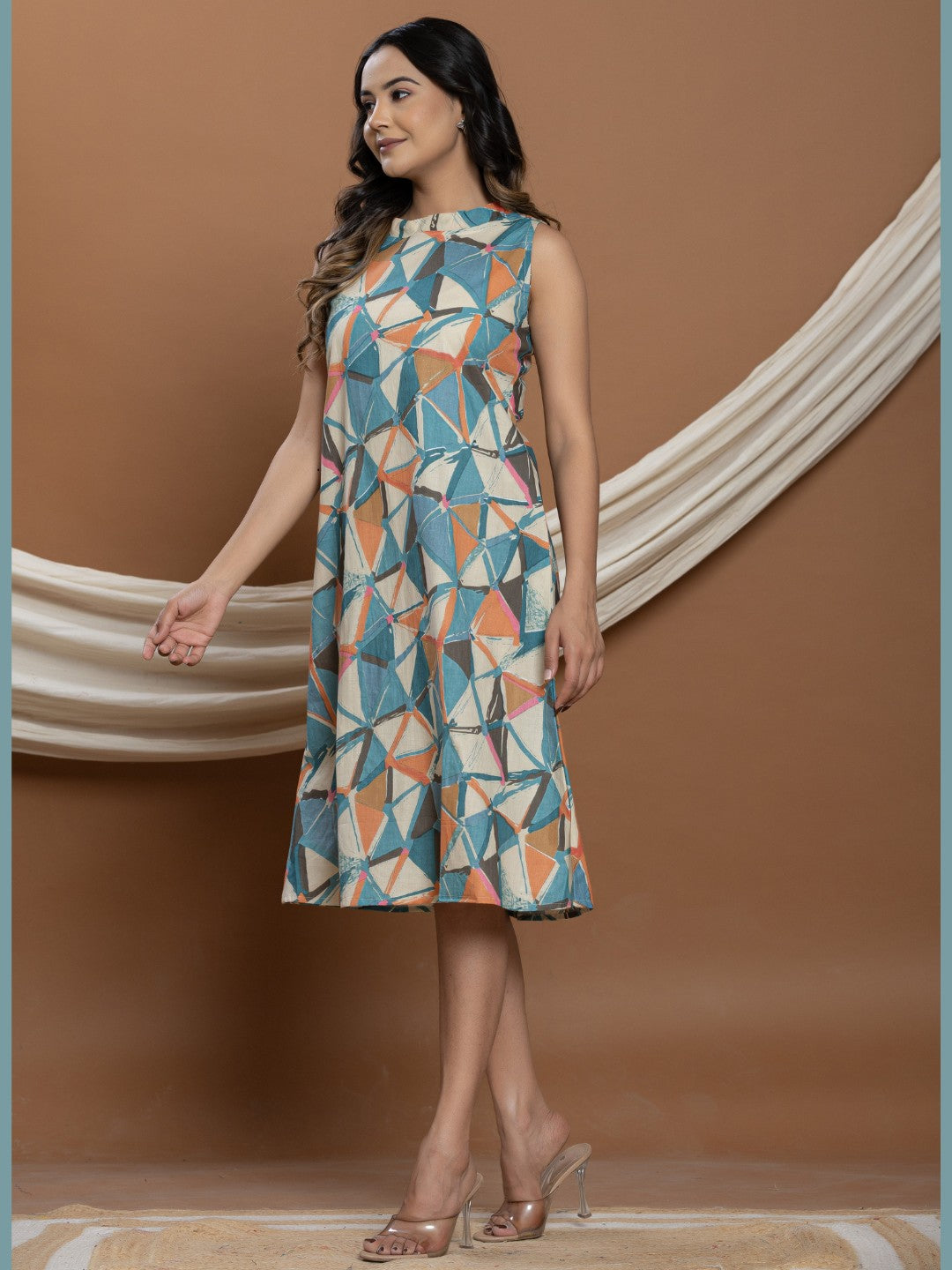 Geometric Print Halter Neck A-line Dress - Coffee