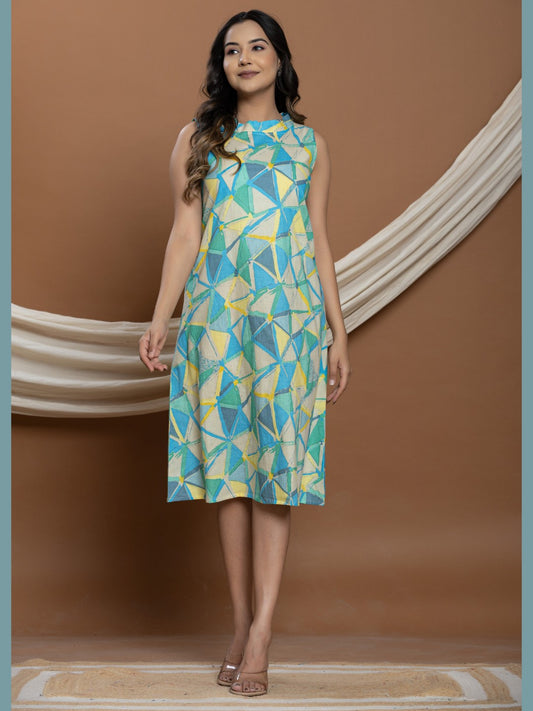 Geometric Print Halter Neck A-line Dress - Multi