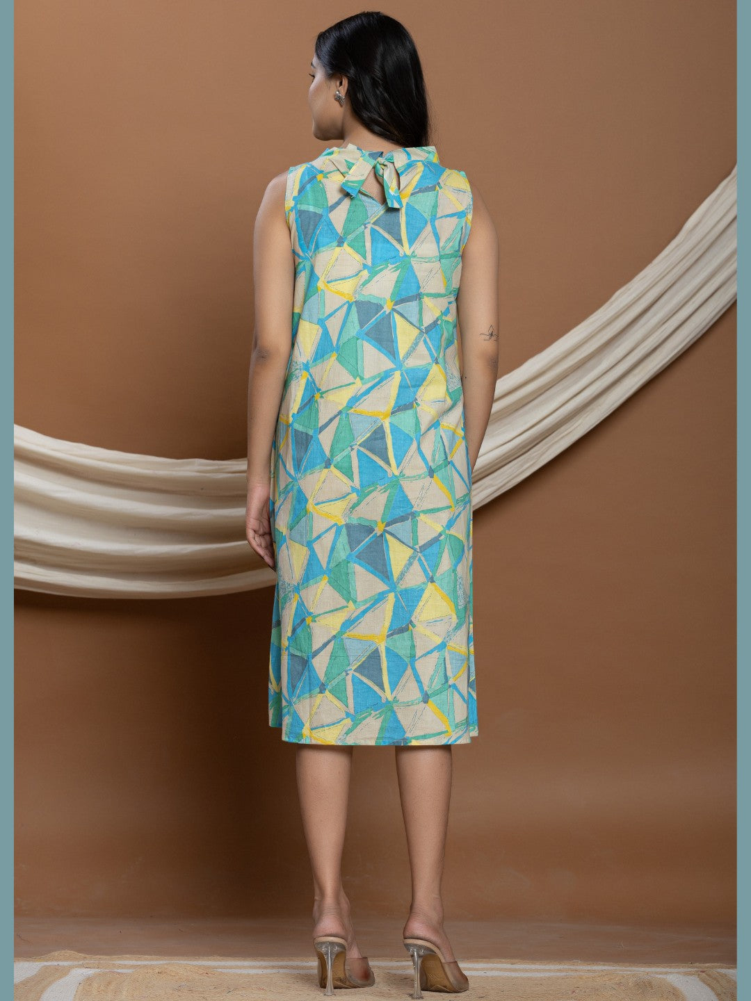 Geometric Print Halter Neck A-line Dress - Multi