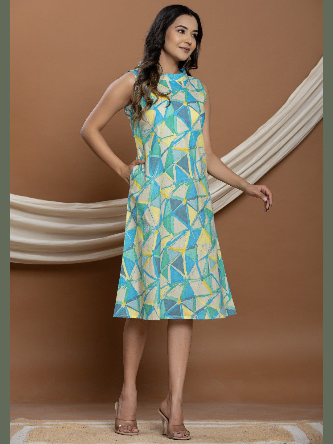 Geometric Print Halter Neck A-line Dress - Multi