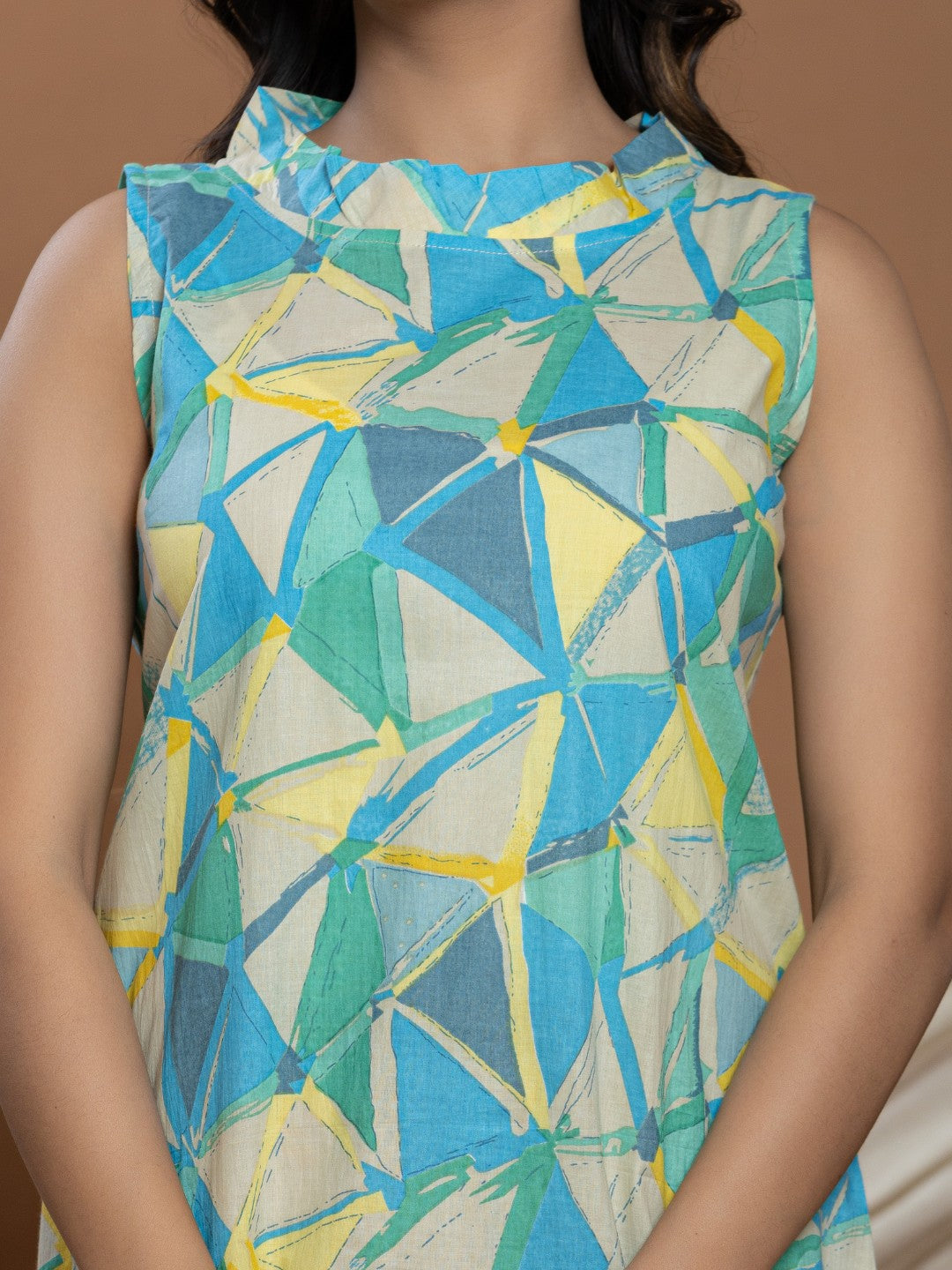 Geometric Print Halter Neck A-line Dress - Multi