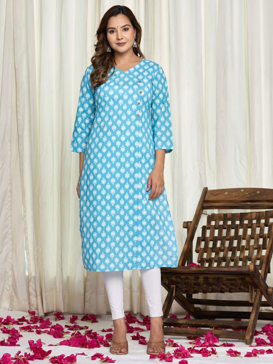 Cotton Printed Straight Kurta - Blue