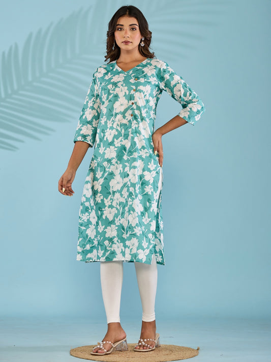 Cotton Printed Straight Kurta - Cyan