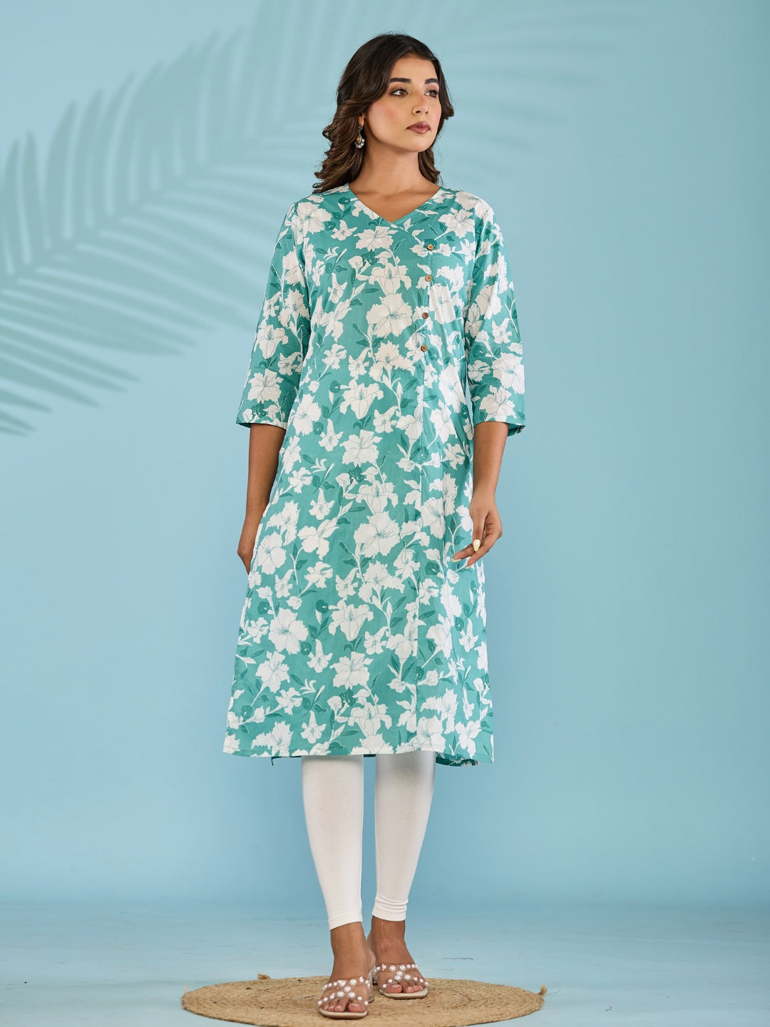 Cotton Printed Straight Kurta - Cyan