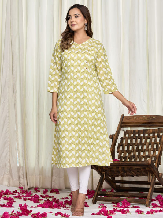 Cotton Printed Straight Kurta - Green