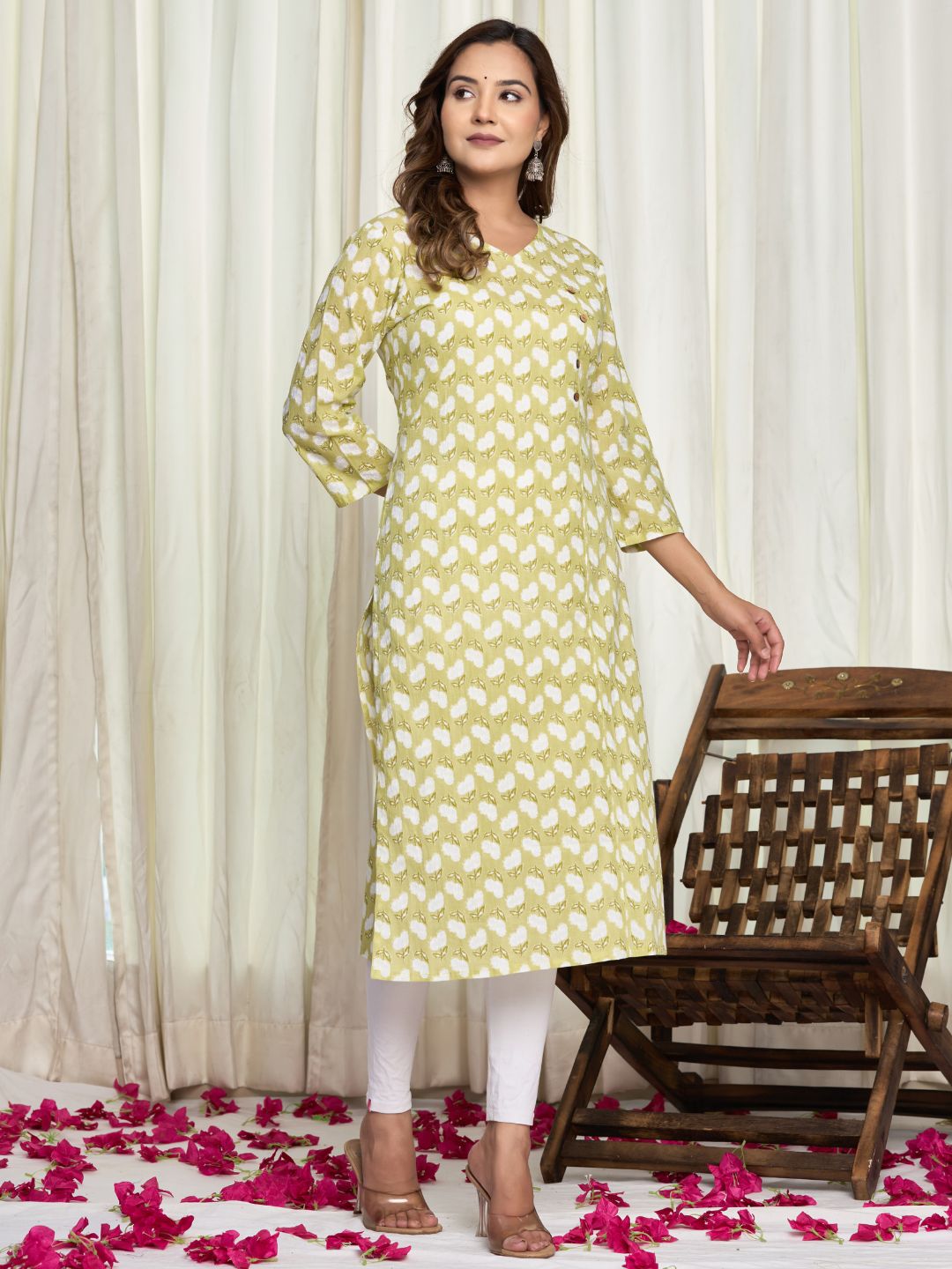 Cotton Printed Straight Kurta - Green