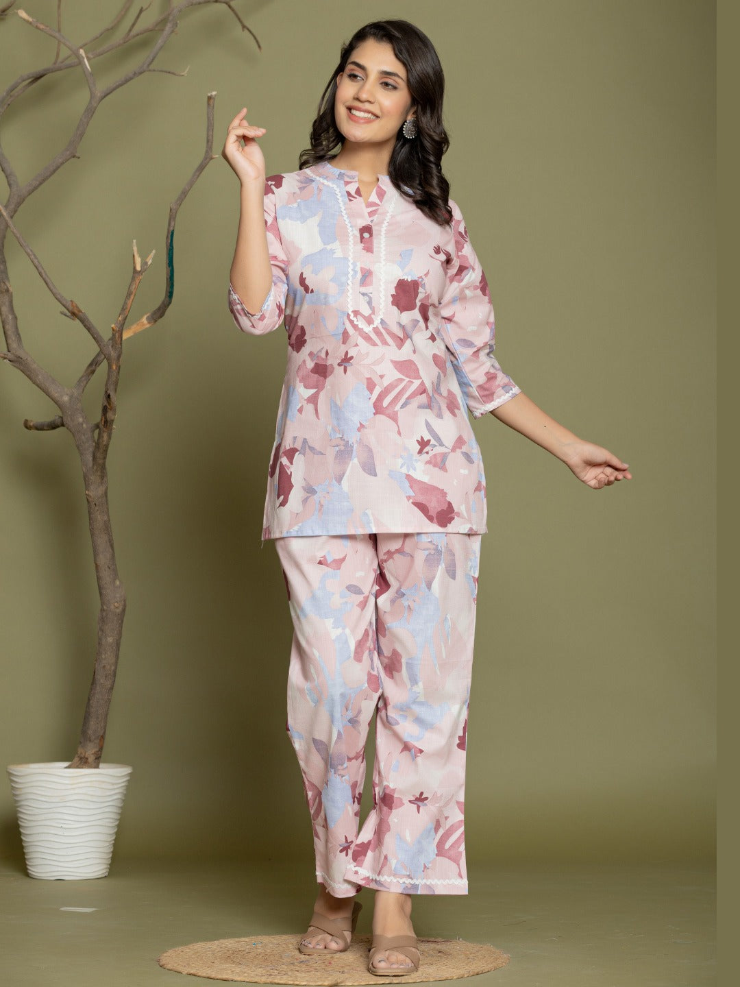 Abstract Print Pure Cotton Mandarin Collar Lounge Set  - Light Blue