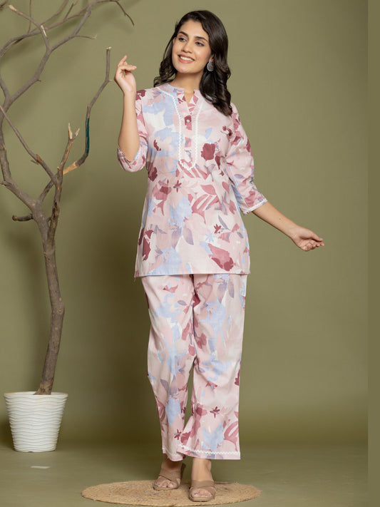 Abstract Print Pure Cotton Mandarin Collar Lounge Set  - Light Blue