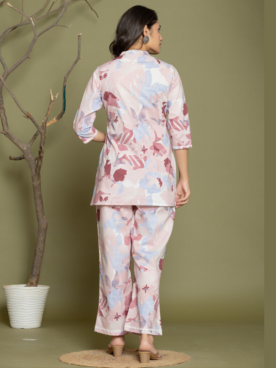 Abstract Print Pure Cotton Mandarin Collar Lounge Set  - Light Blue