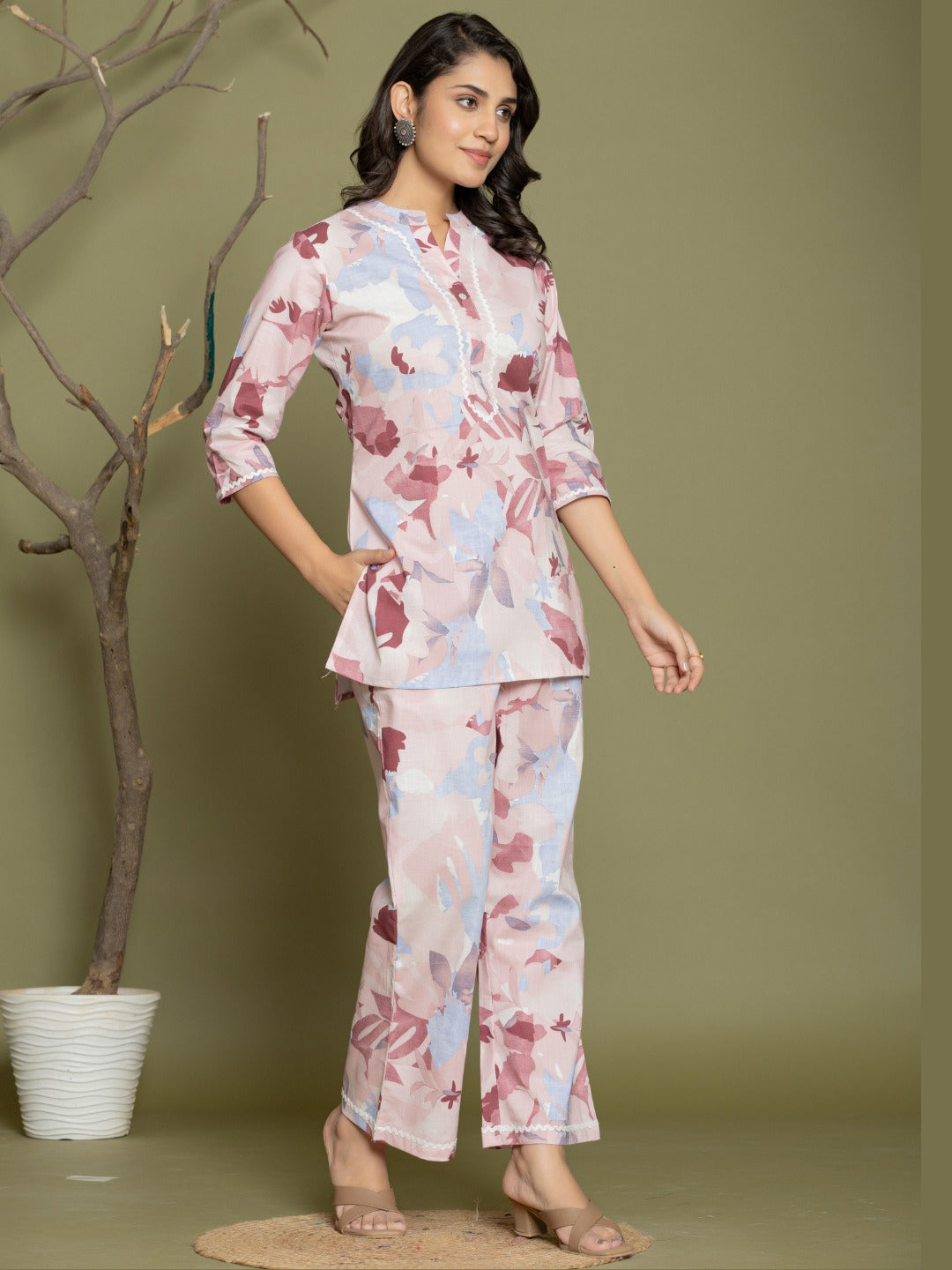 Abstract Print Pure Cotton Mandarin Collar Lounge Set  - Light Blue
