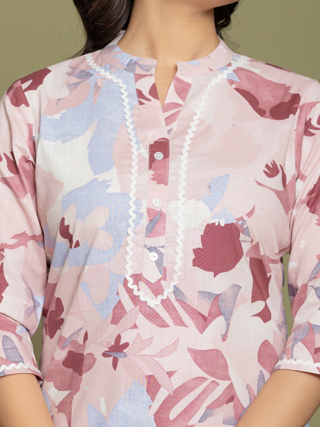 Abstract Print Pure Cotton Mandarin Collar Lounge Set  - Light Blue