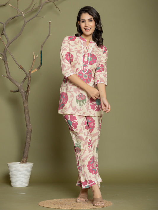 Abstract Print Cotton Mandarin Collar Lounge Set  - Pink