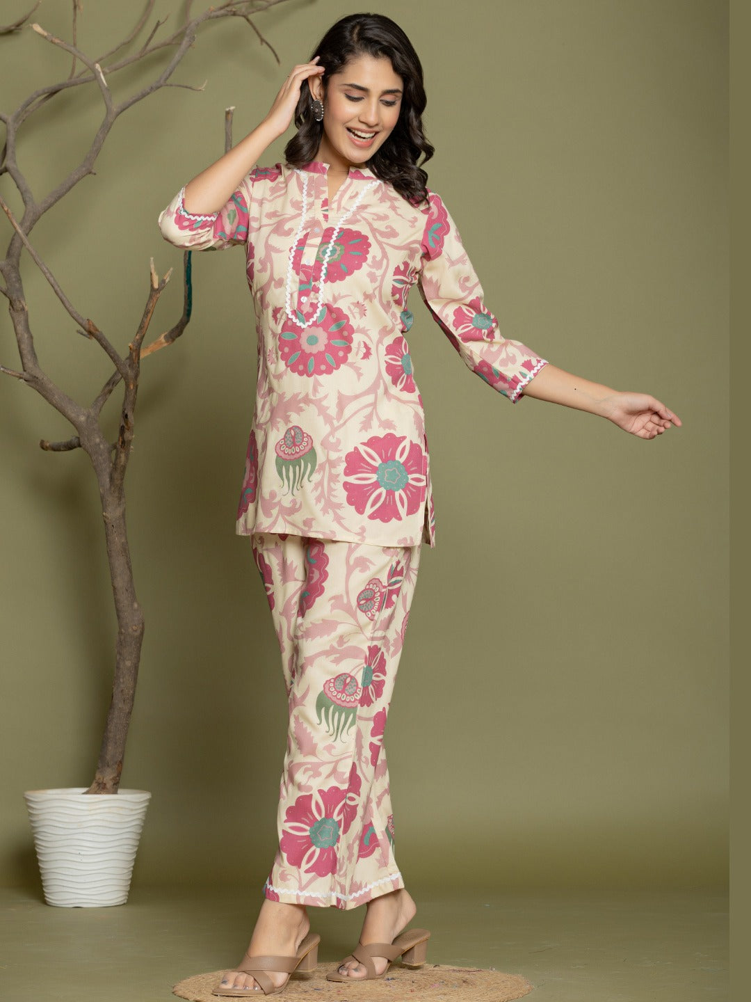 Abstract Print Cotton Mandarin Collar Lounge Set  - Pink