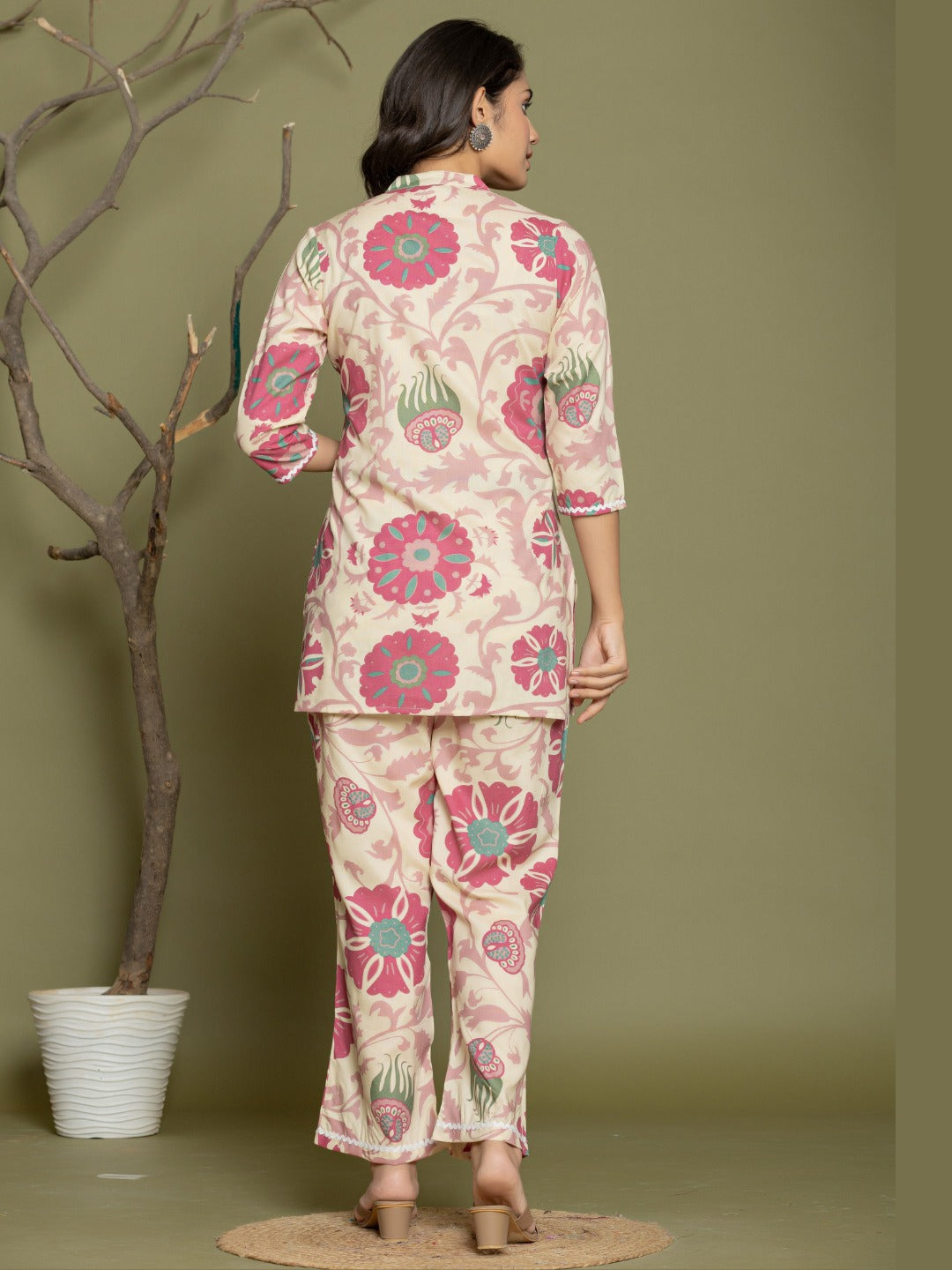 Abstract Print Cotton Mandarin Collar Lounge Set  - Pink