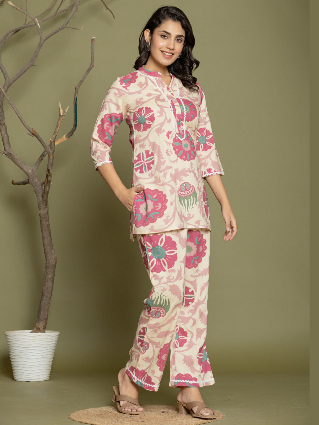 Abstract Print Cotton Mandarin Collar Lounge Set  - Pink