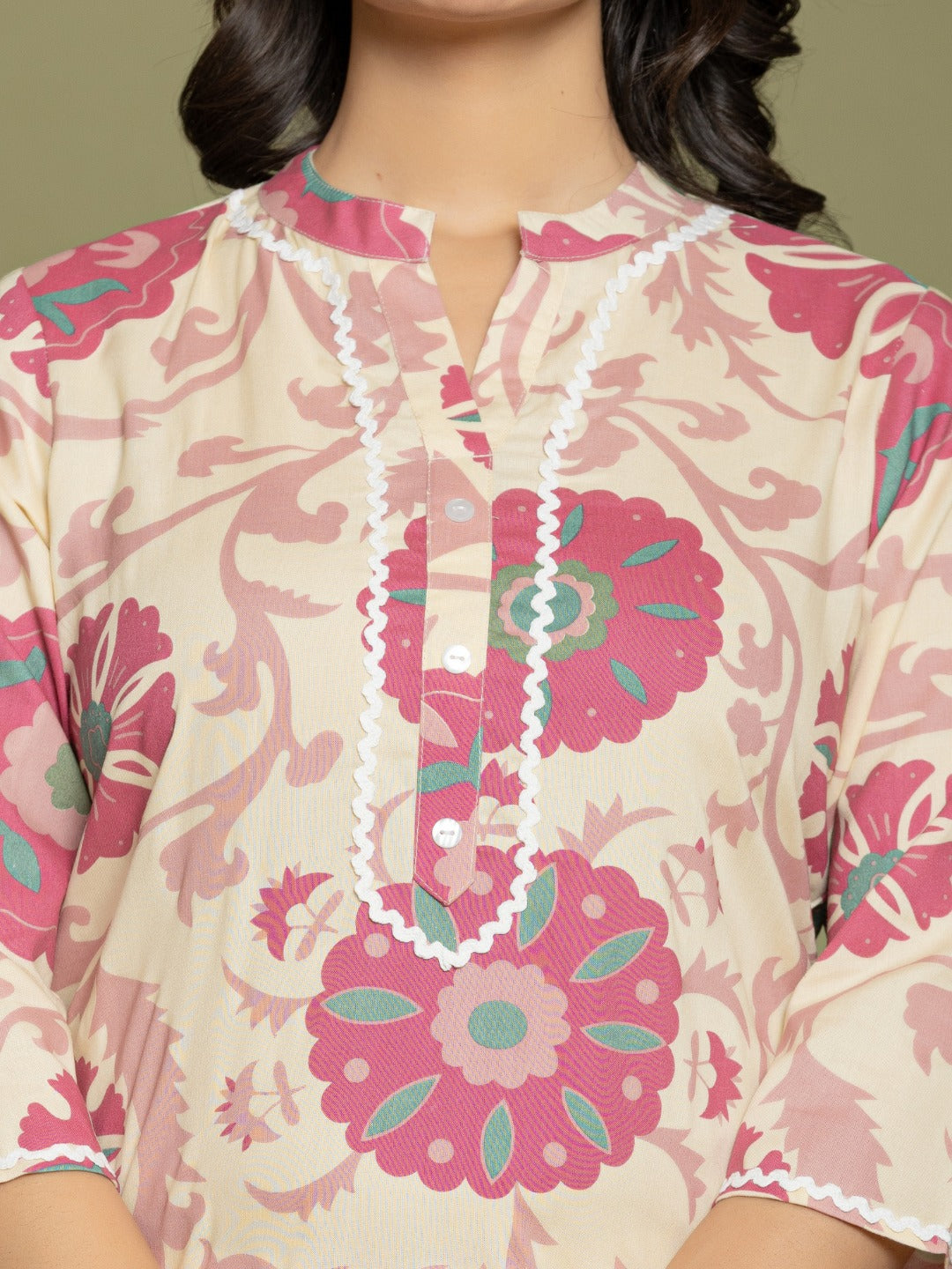 Abstract Print Cotton Mandarin Collar Lounge Set  - Pink