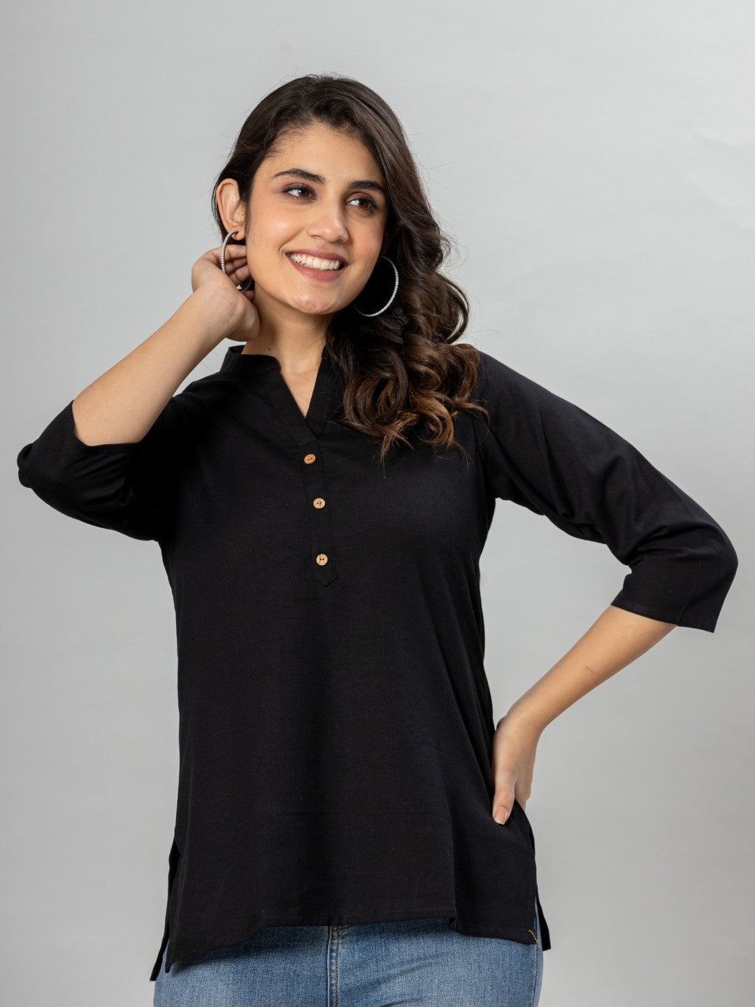 Solid Cotton Flax Women Top - Black