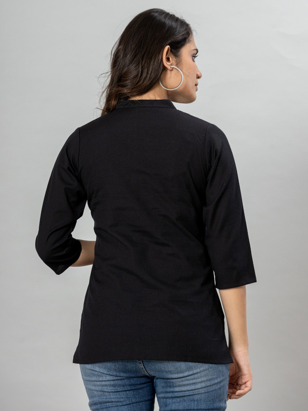 Solid Cotton Flax Women Top - Black