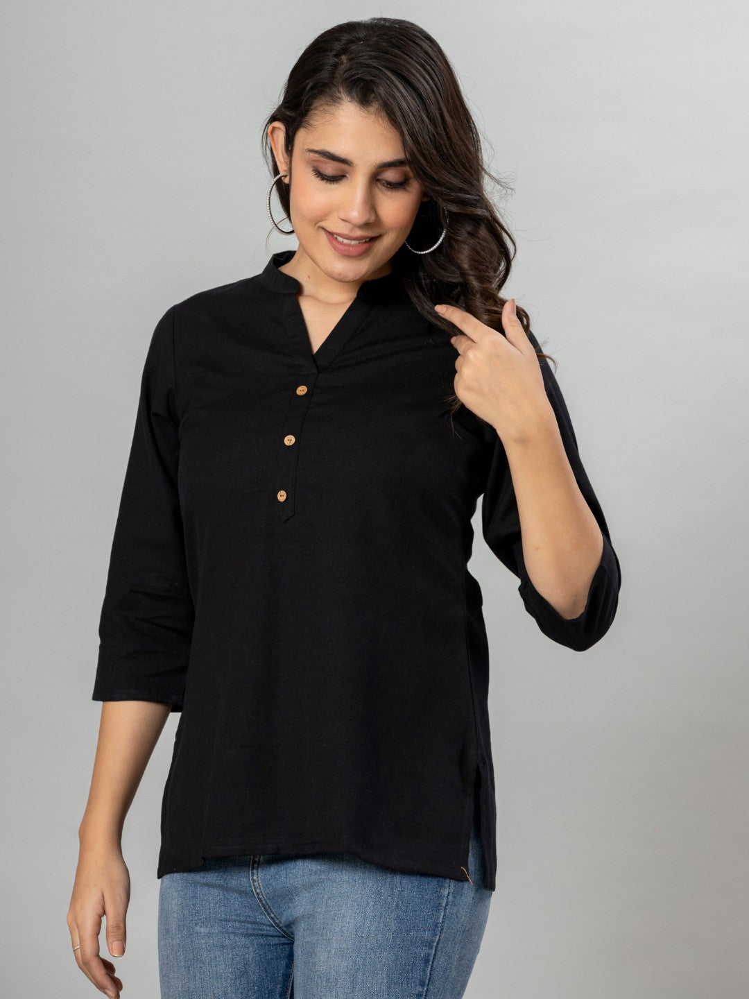 Solid Cotton Flax Women Top - Black