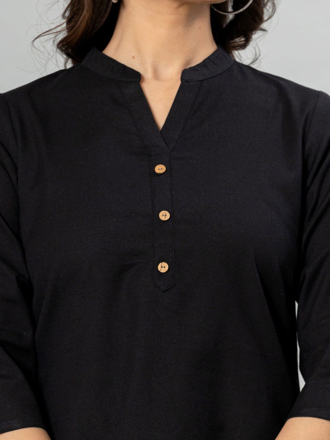 Solid Cotton Flax Women Top - Black