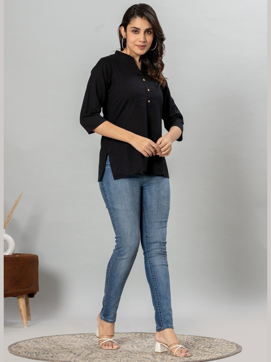 Solid Cotton Flax Women Top - Black