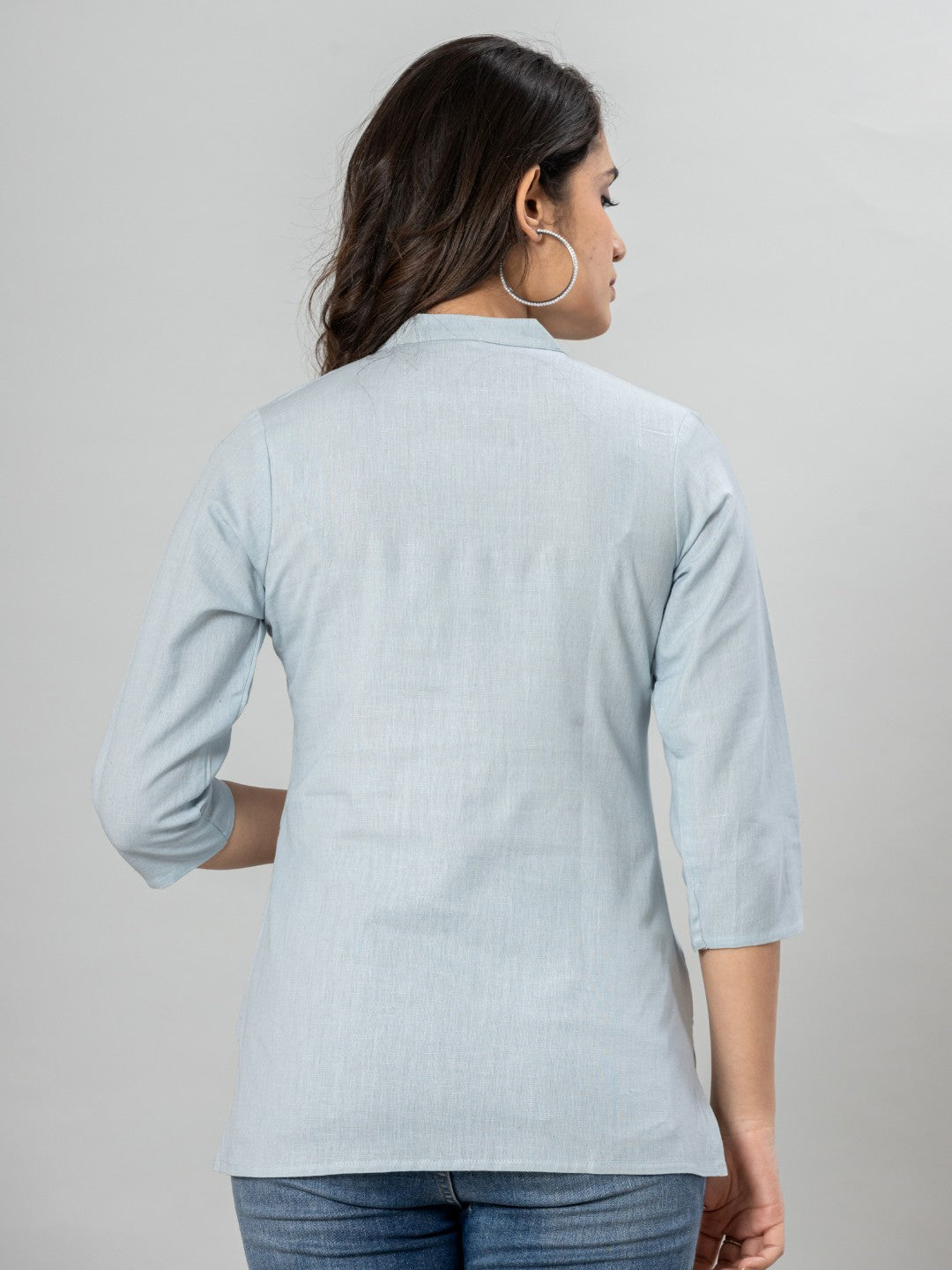 Solid Cotton Flax Women Top - Light Blue