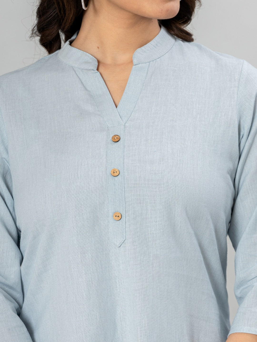 Solid Cotton Flax Women Top - Light Blue