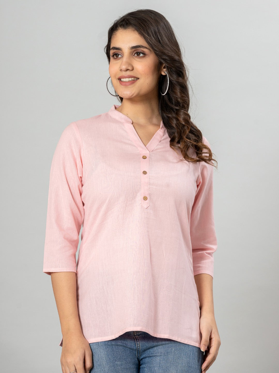 Solid Cotton Flax Women Top - Light Pink