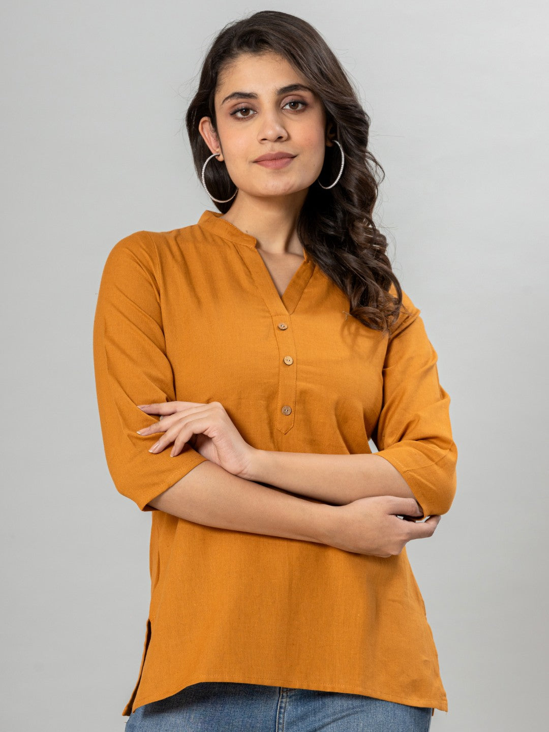 Solid Cotton Flax Women Top - Mustard