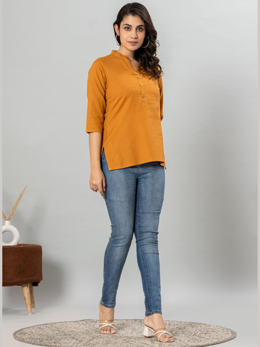 Solid Cotton Flax Women Top - Mustard