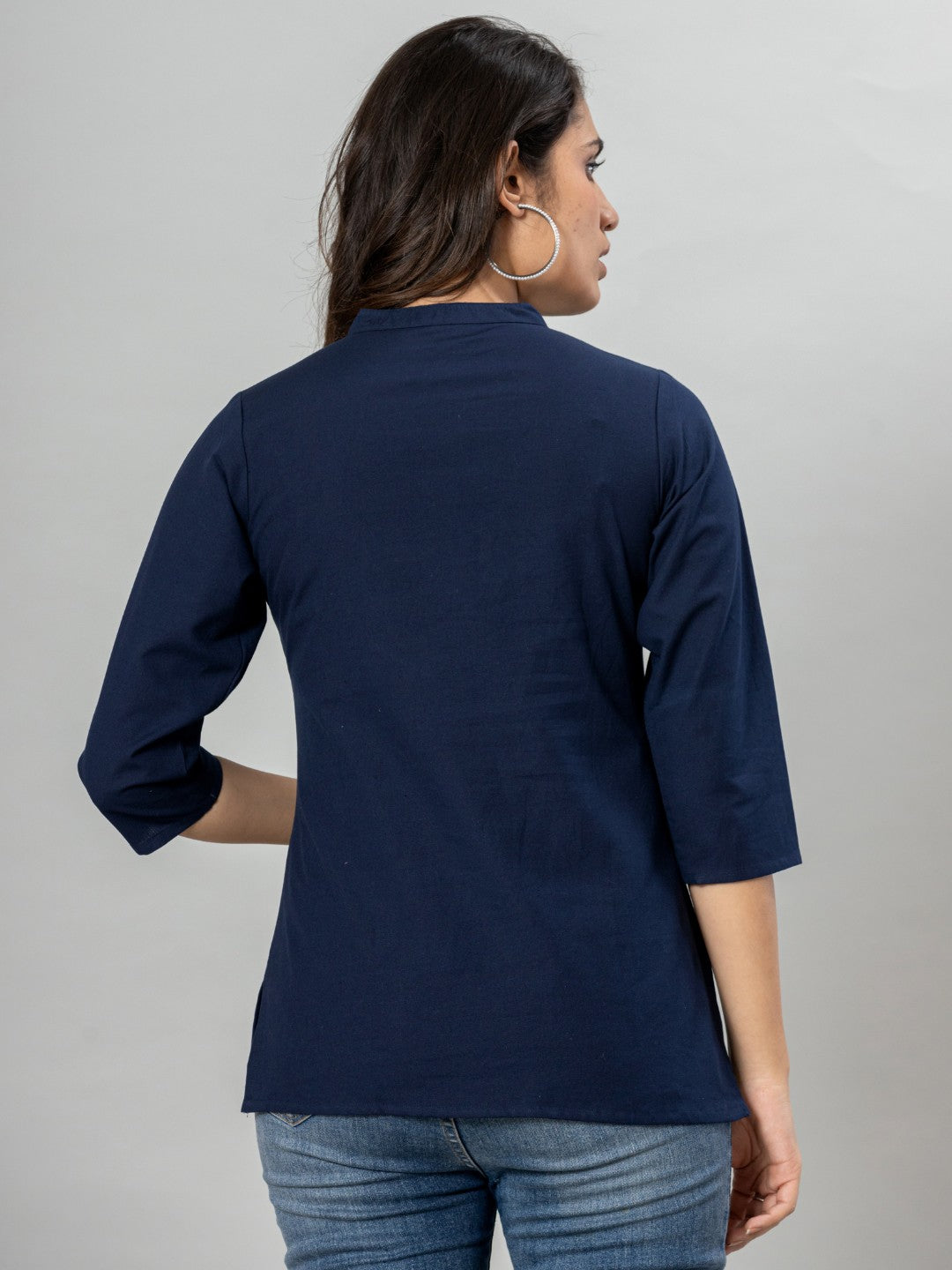 Solid Cotton Flax Women Top - Navy Blue