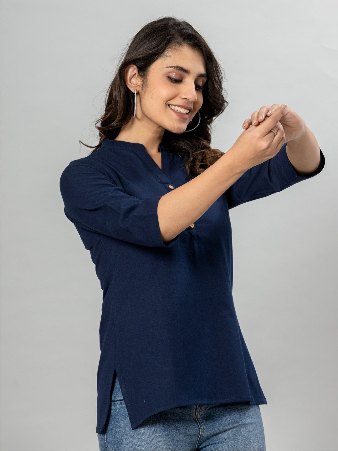 Solid Cotton Flax Women Top - Navy Blue