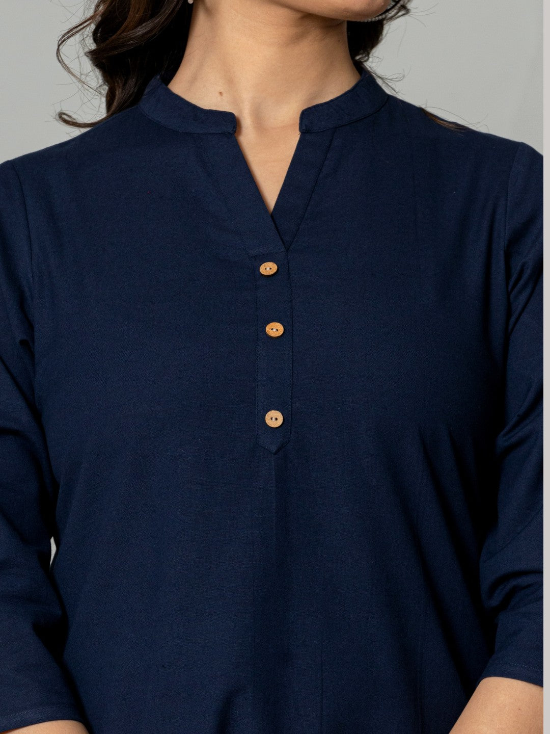 Solid Cotton Flax Women Top - Navy Blue